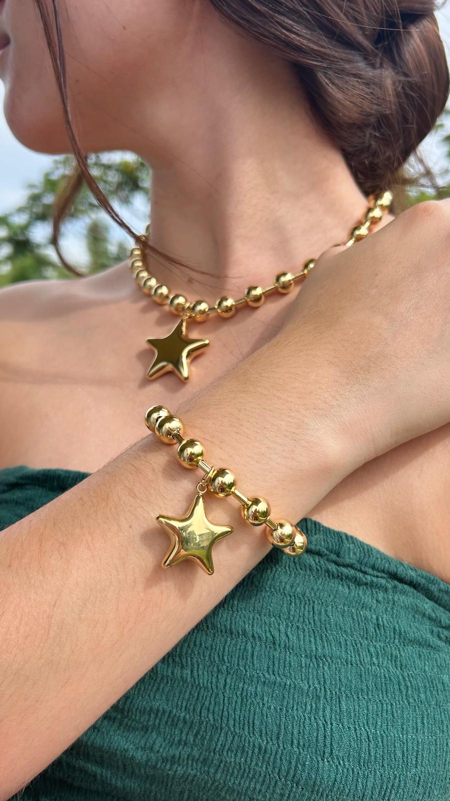 Conjunto de Collar y Brazalete de Esferas - Estrella - Oro&nbsp;